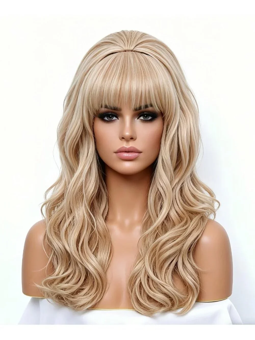 Women's Blonde Mixed Heat Resistant Synthetic Fiber Retro Long Wavy Wigs Bangs